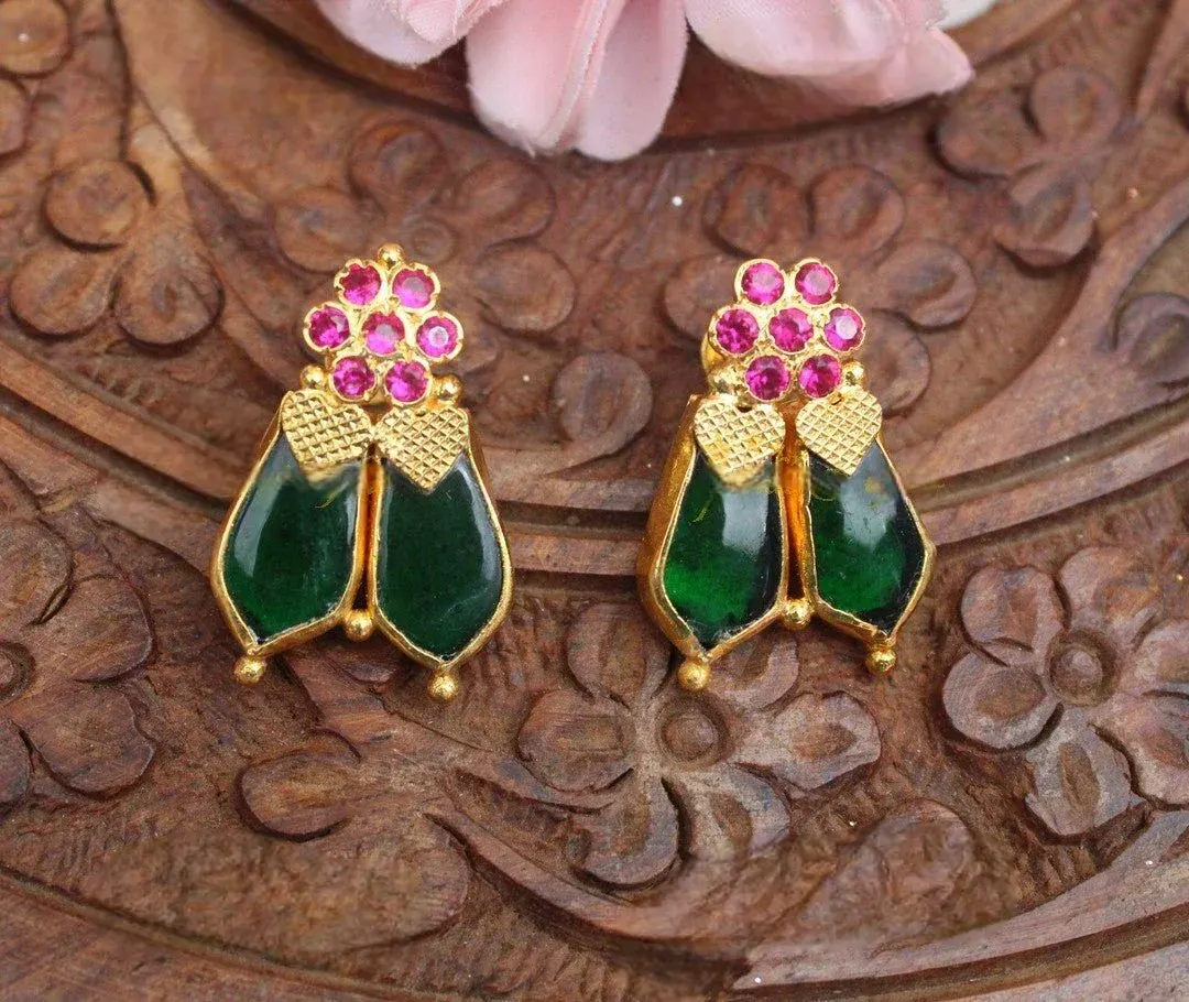 Kerala Style Floral Green Leaf Stud Earrings